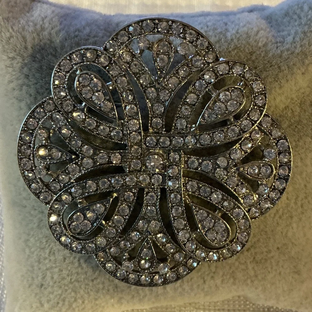 Clear Rhinestone Floral Inspired Silver Tone Brooch